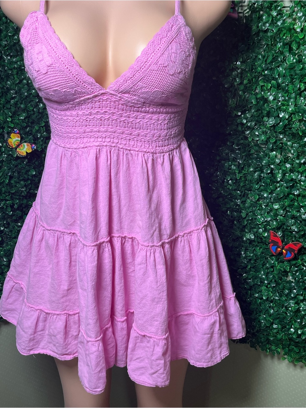 Pink Smocked Bodice Tiered Mini Dress